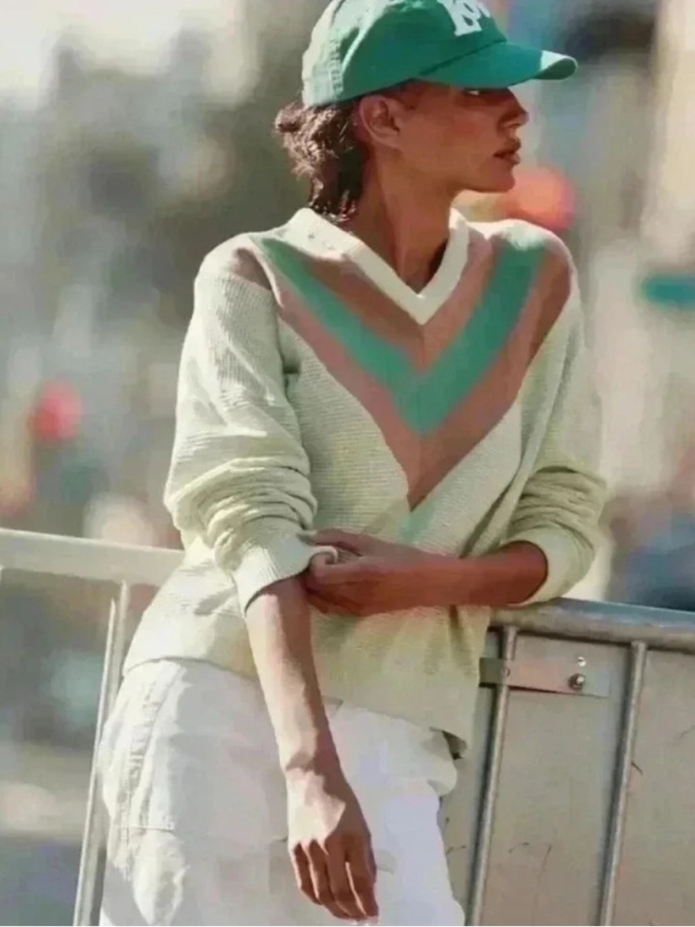 KULE The Maya Mint Green Chevron V-Neck Tennis Sweater XL Dot Anthropologie